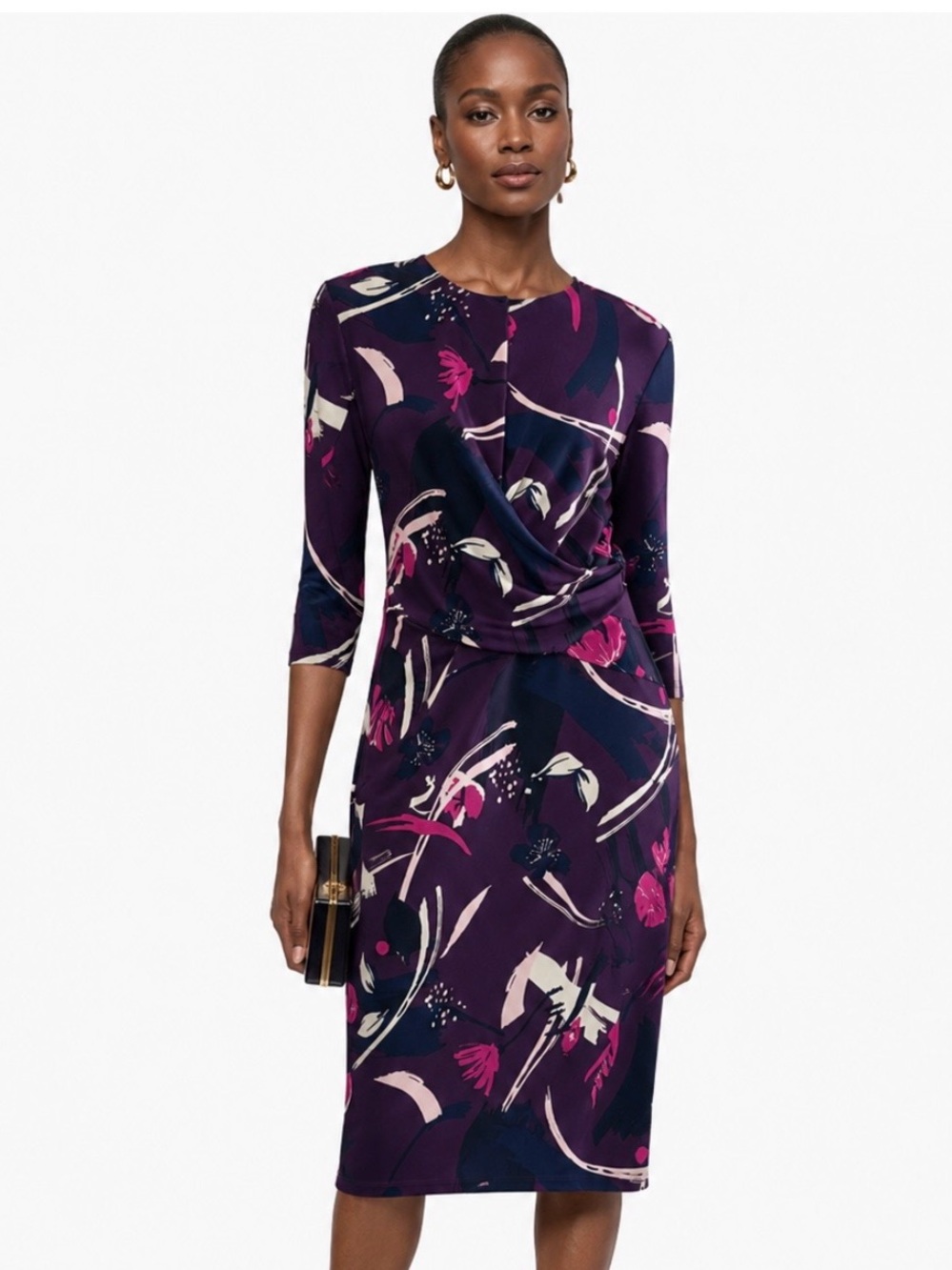 ELIZA J Purple Floral Draped Midi Sheath Dress Size 6